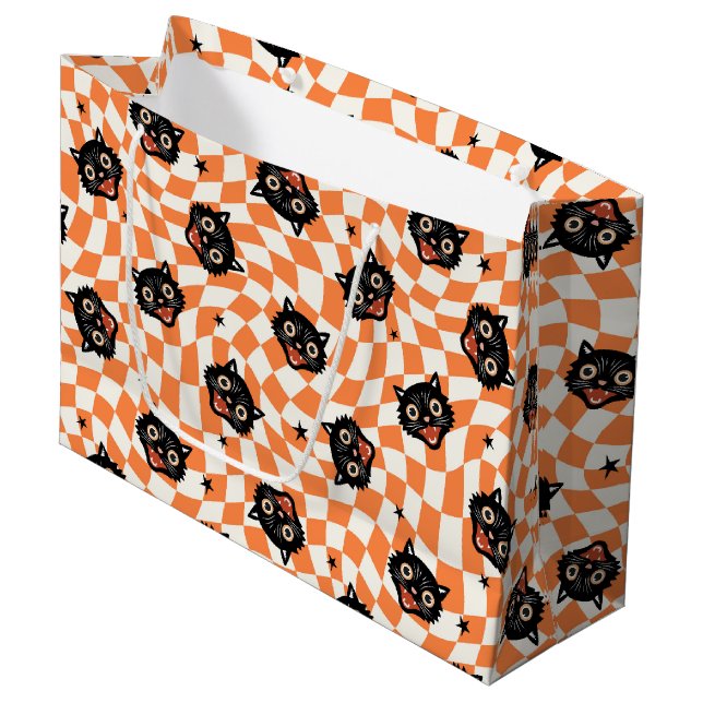 Retro Black Cat Orange Check Pattern Large Gift Bag (Front Angled)