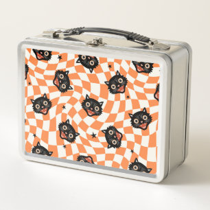 Retro Black Cat Orange Check Pattern Metal Lunch Box