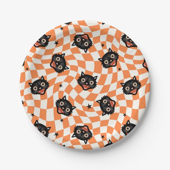 Retro Black Cat Orange Check Pattern Paper Plate (Front)