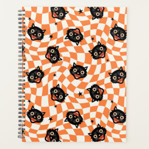 Retro Black Cat Orange Check Pattern Planner