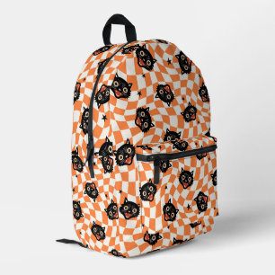 Retro Black Cat Orange Check Pattern Printed Backpack