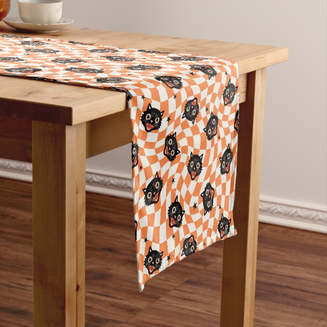 Retro Black Cat Orange Check Pattern Short Table Runner (In Situ)