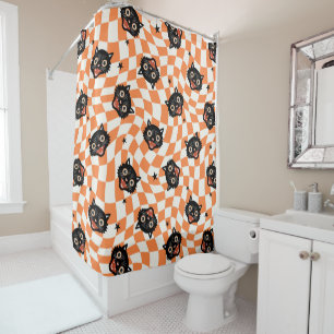 Retro Black Cat Orange Check Pattern Shower Curtain