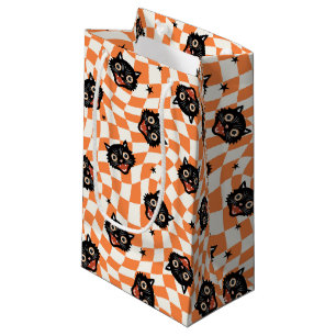 Retro Black Cat Orange Check Pattern Small Gift Bag