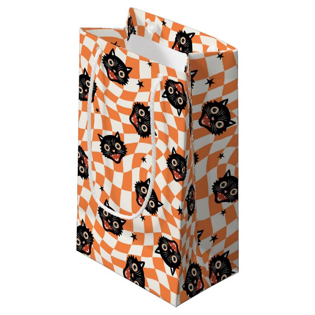 Retro Black Cat Orange Check Pattern Small Gift Bag (Front Angled)
