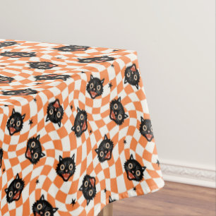 Retro Black Cat Orange Check Pattern Tablecloth