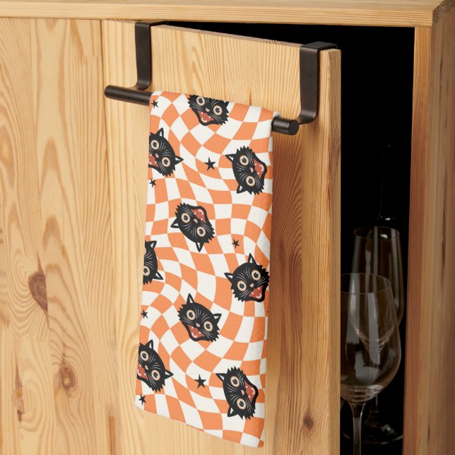 Retro Black Cat Orange Check Pattern Tea Towel (Thirds Fold)