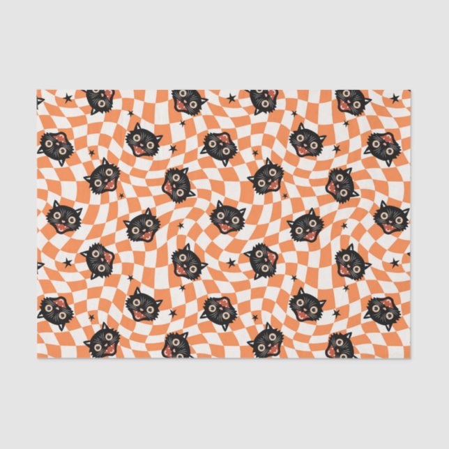 Retro Black Cat Orange Check Pattern Tissue Paper (Front)
