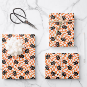 Retro Black Cat Orange Check Pattern Wrapping Paper Sheet