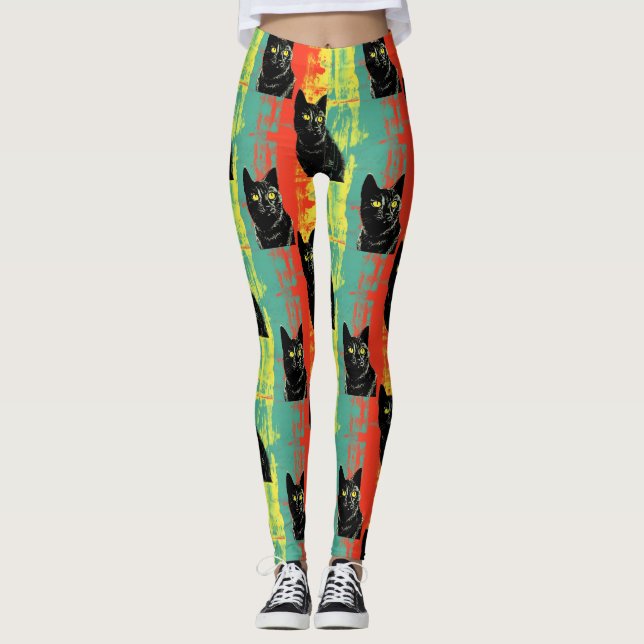 Retro Black Cat Pattern Leggings (Front)