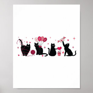 Retro Black Cat Playing Heart Valentines Day Cat K Poster
