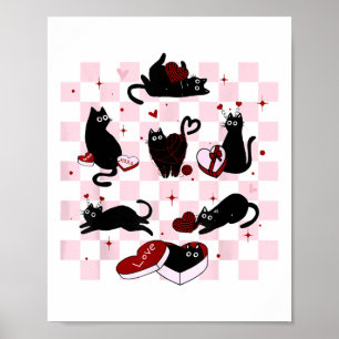 Retro Black Cat Playing Heart Valentines Day Cat K Poster