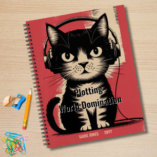 Retro Black Cat, Plotting World Domination, Funny Notebook