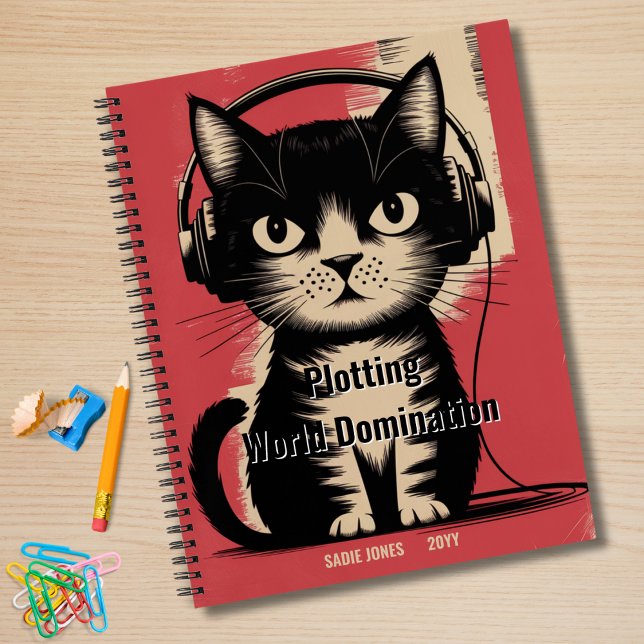 Retro Black Cat, Plotting World Domination, Funny Notebook (Creator Uploaded)