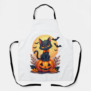 Retro Black Cat Pumpkin Halloween Costume Fall Aut Apron