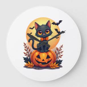 Retro Black Cat Pumpkin Halloween Costume Fall Aut Large Clock