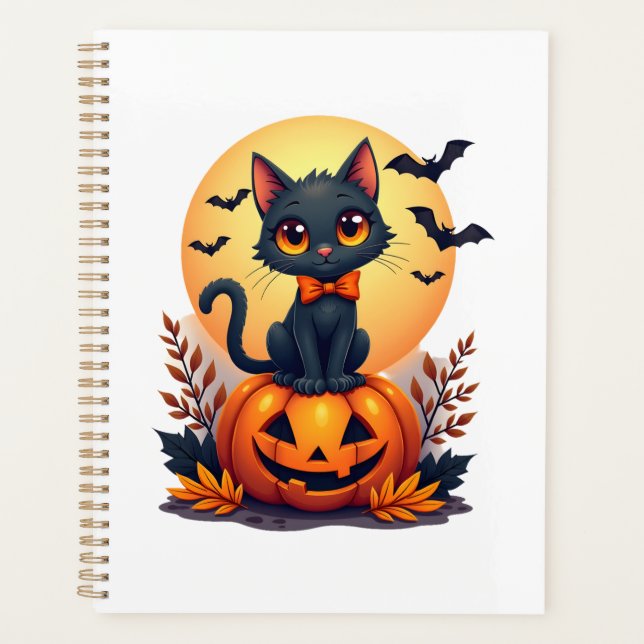 Retro Black Cat Pumpkin Halloween Costume Fall Aut Planner (Front)