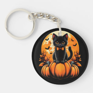 Retro Black Cat Pumpkin Halloween Fall Autumn Key Ring