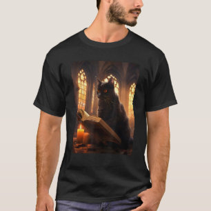 Retro Black Cat Reading Book Vintage Halloween Boo T-Shirt