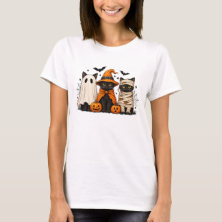 Retro Black Cat Witch Scary Halloween Pumpkin T-Shirt
