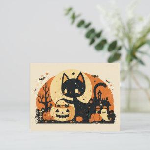 Retro Black Cat with Jack O' Lantern Holiday Postcard