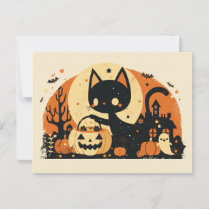 Retro Black Cat with Jack O' Lantern Postcard