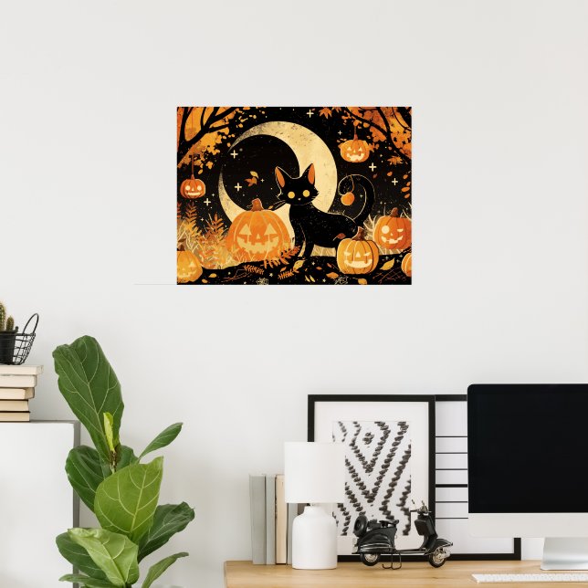 Retro Black Cat with Jack-o’-Lanterns Poster (Home Office)