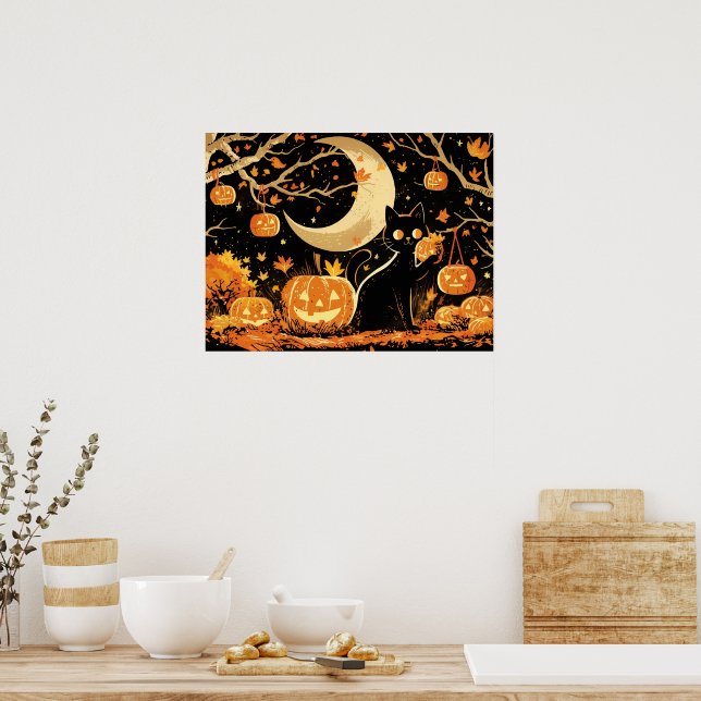 Retro Black Cat with Jack-o’-Lanterns Poster (Kitchen)