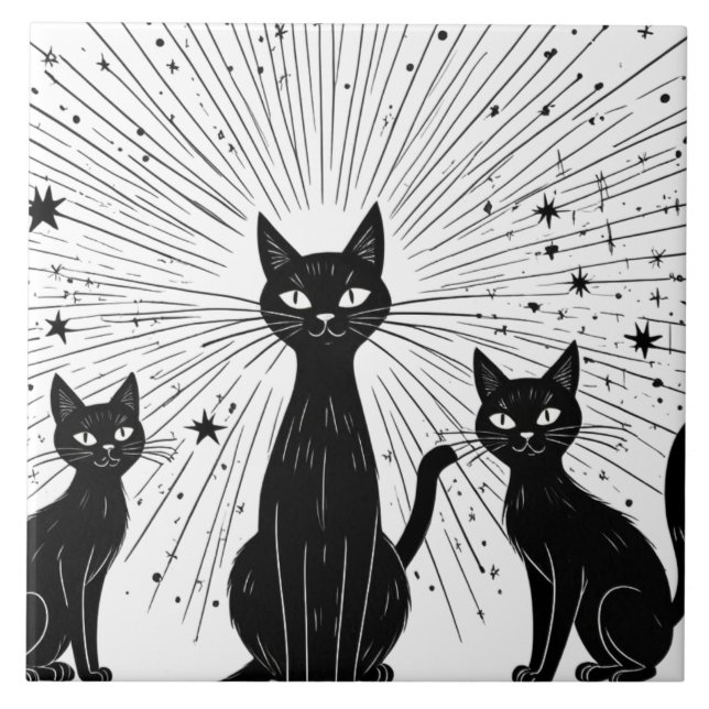 Retro Black Cats Atomic Starburst Mid Century Ceramic Tile (Front)