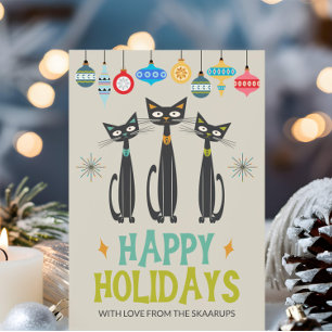Retro Black Cats Ornaments Mid Century Christmas Holiday Card