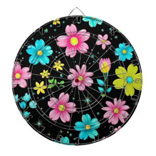 Retro Black colorful Flowers Pattern Birthday part Dartboard