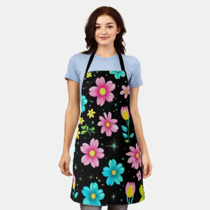 Retro Black colourful Flowers Pattern Birthday par Apron