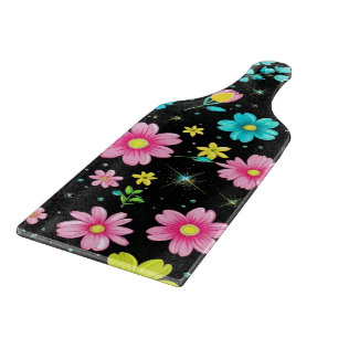 Retro Black colourful Flowers Pattern Birthday par Cutting Board
