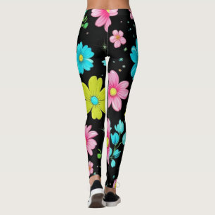 Retro Black colourful Flowers Pattern Birthday par Leggings