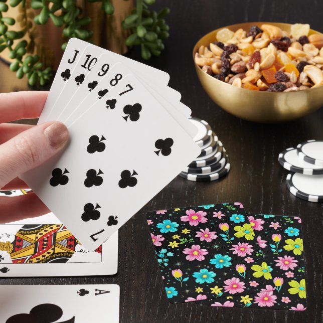Retro Black colourful Flowers Pattern Birthday par Playing Cards (In Situ)