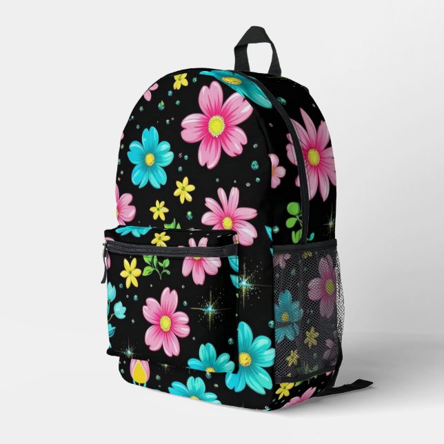 Retro Black colourful Flowers Pattern Birthday par Printed Backpack (Back Corner Right)