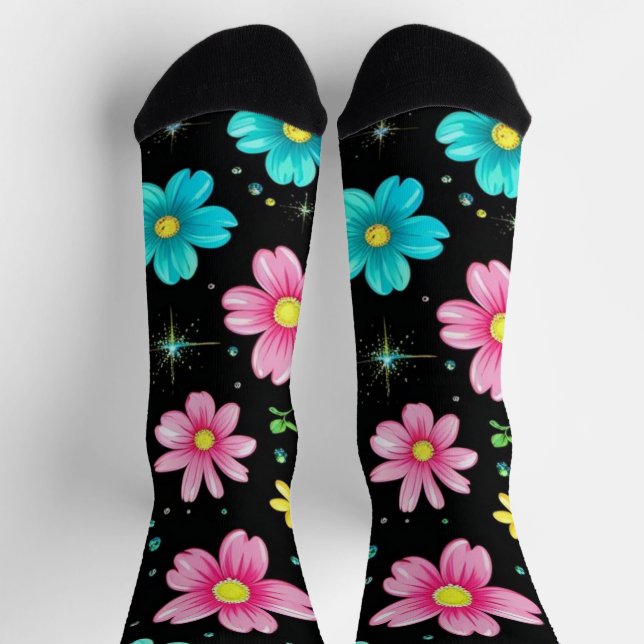 Retro Black colourful Flowers Pattern Birthday par Socks (Top)