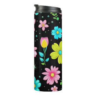 Retro Black colourful Flowers Pattern Birthday par Thermal Tumbler