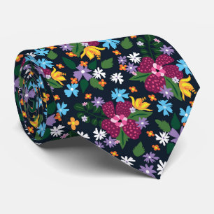 Retro Black Colourful Watercolor Floral Pattern Tie