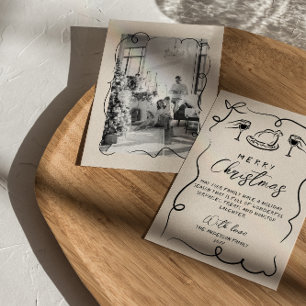 Retro Black Cream Hand Drawn Photo Merry Christmas Holiday Card