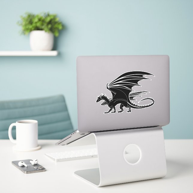 Retro Black Dragon - Mythical Creature Sticker (Laptop On Desk)