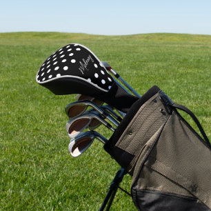Retro Black Elegant Monogram Dotted Pattern Golf Head Cover