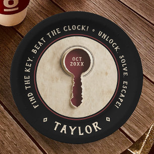 Retro Black Escape Room Detective Mystery Key Paper Plate