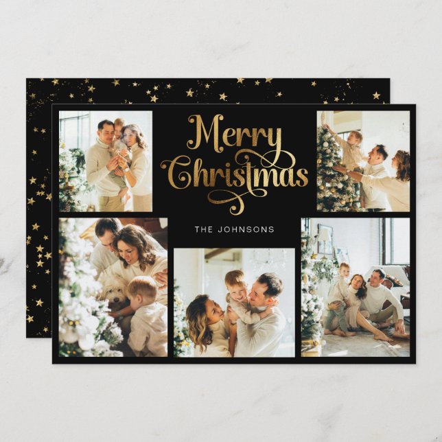Retro Black Faux Gold Merry Christmas Family Photo Holiday Card (Front/Back)