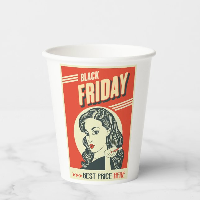 Retro Black Friday Pop Art Pin-Up Girl Paper Cups (Front)