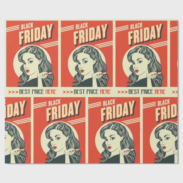 Retro Black Friday Pop Art Pin-Up Girl Wrapping Paper (Flat)