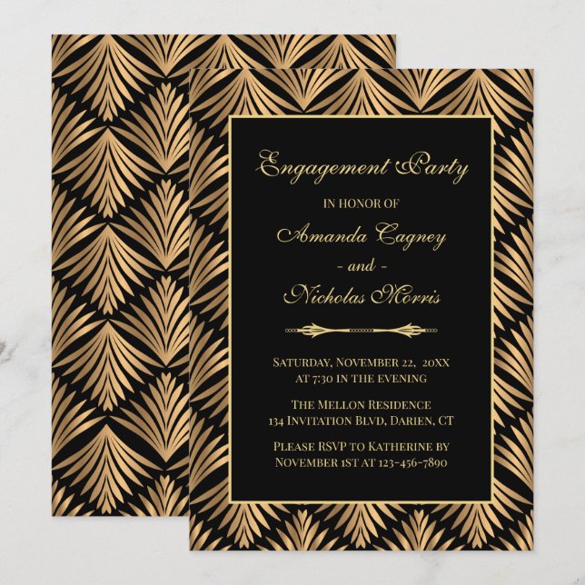 Retro Black Gold Art Deco Gatsby Engagement Party Invitation (Front/Back)