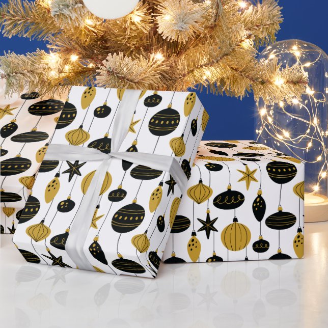 Retro Black Gold Christmas Ornaments Holiday Wrapping Paper (Holidays)