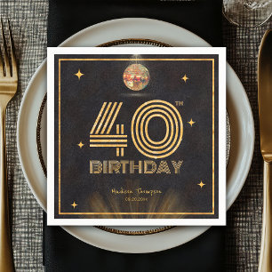 Retro Black Gold Disco Ball Party 40th Birthday Napkin