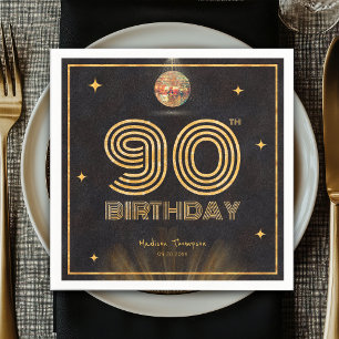 Retro Black Gold Disco Ball Party 90th Birthday Napkin